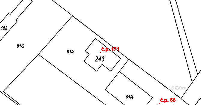 Střelice 171, Uničov na parcele st. 243 v KÚ Střelice u Litovle, Katastrální mapa