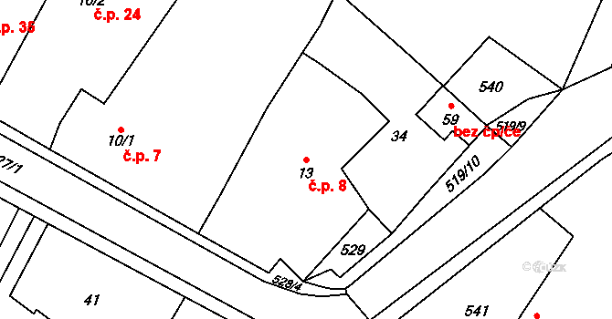 Újezd u Sezemic 8 na parcele st. 13 v KÚ Újezd u Sezemic, Katastrální mapa