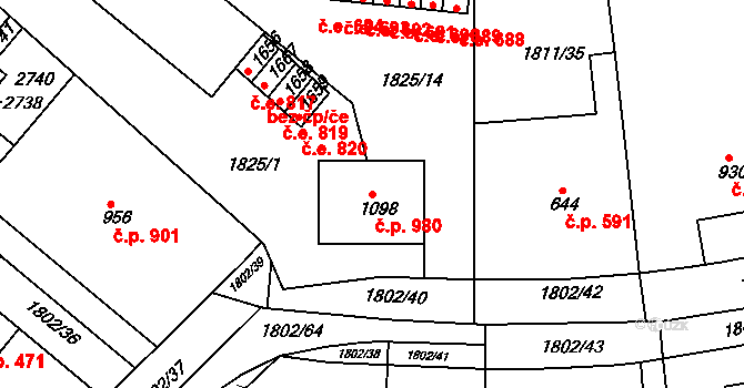 Tišnov 980 na parcele st. 1098 v KÚ Tišnov, Katastrální mapa