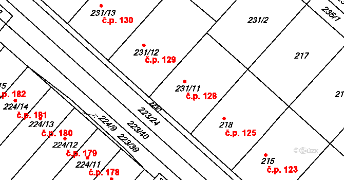 Skoronice 128 na parcele st. 231/11 v KÚ Skoronice, Katastrální mapa