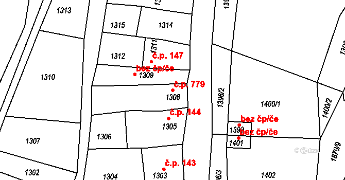 Ždánice 779 na parcele st. 1308 v KÚ Ždánice, Katastrální mapa