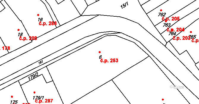 Šaratice 253 na parcele st. 6 v KÚ Šaratice, Katastrální mapa