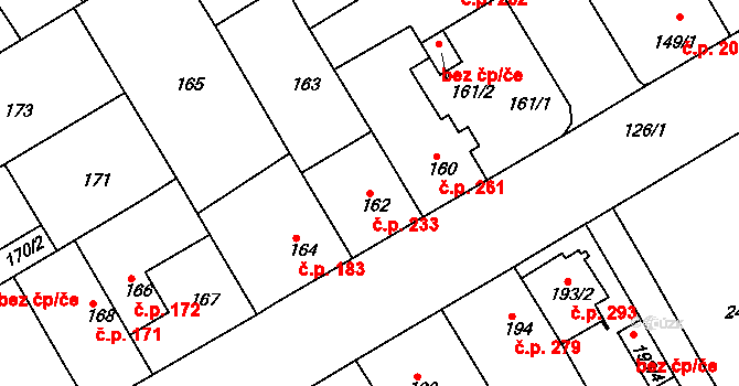 Rousínov 233 na parcele st. 162 v KÚ Rousínov u Vyškova, Katastrální mapa