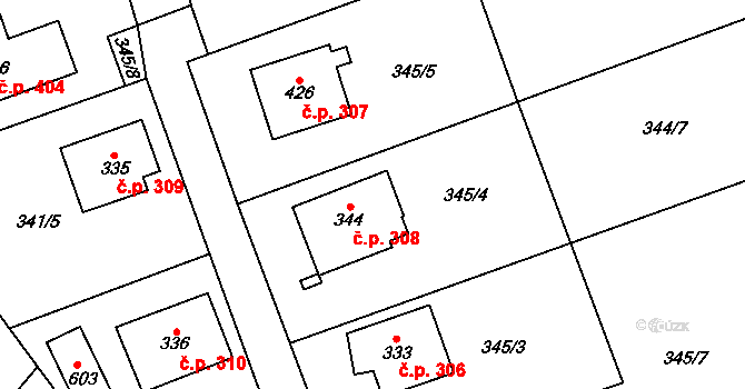 Obecnice 308 na parcele st. 344 v KÚ Obecnice, Katastrální mapa