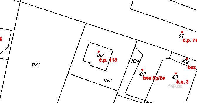 Prostřední Nová Ves 115, Lázně Bělohrad na parcele st. 183 v KÚ Prostřední Nová Ves, Katastrální mapa