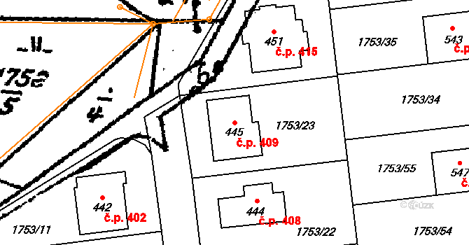 Ostrov u Macochy 409 na parcele st. 445 v KÚ Ostrov u Macochy, Katastrální mapa