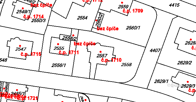 Teplice 1710 na parcele st. 2557 v KÚ Teplice, Katastrální mapa
