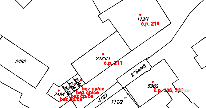Střed 211, Rokycany na parcele st. 2483/1 v KÚ Rokycany, Katastrální mapa