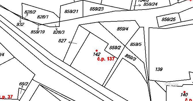 Láz 137 na parcele st. 142 v KÚ Láz, Katastrální mapa