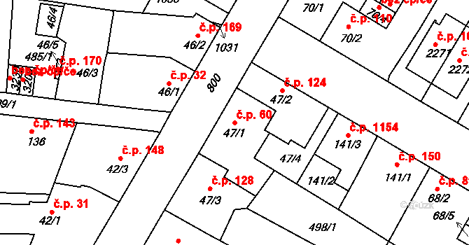 Sezimovo Ústí 60 na parcele st. 47/1 v KÚ Sezimovo Ústí, Katastrální mapa