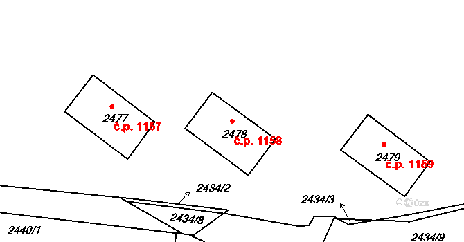Jirkov 1158 na parcele st. 2478 v KÚ Jirkov, Katastrální mapa