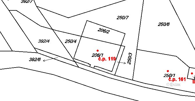 Liberec XXXIII-Machnín 119, Liberec na parcele st. 206/1 v KÚ Machnín, Katastrální mapa