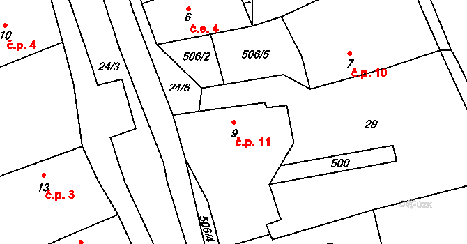 Lhota 11, Úštěk na parcele st. 9 v KÚ Lhota u Úštěku, Katastrální mapa