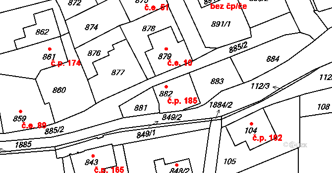 Šluknov 185 na parcele st. 882 v KÚ Šluknov, Katastrální mapa