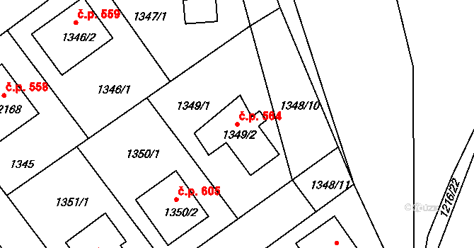 Týnec nad Labem 564 na parcele st. 1349/2 v KÚ Týnec nad Labem, Katastrální mapa