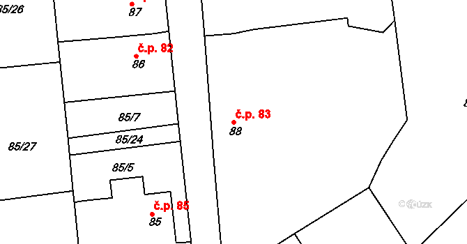 Borek 83, Rokycany na parcele st. 88 v KÚ Borek u Rokycan, Katastrální mapa
