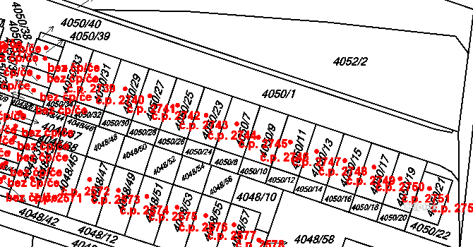 Horní Počernice 2745, Praha na parcele st. 4050/7 v KÚ Horní Počernice, Katastrální mapa