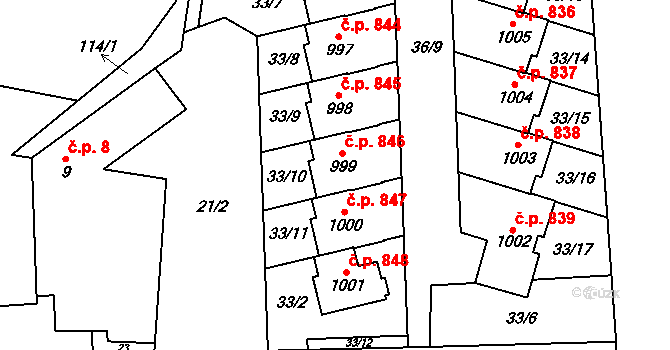 Hovorčovice 846 na parcele st. 999 v KÚ Hovorčovice, Katastrální mapa