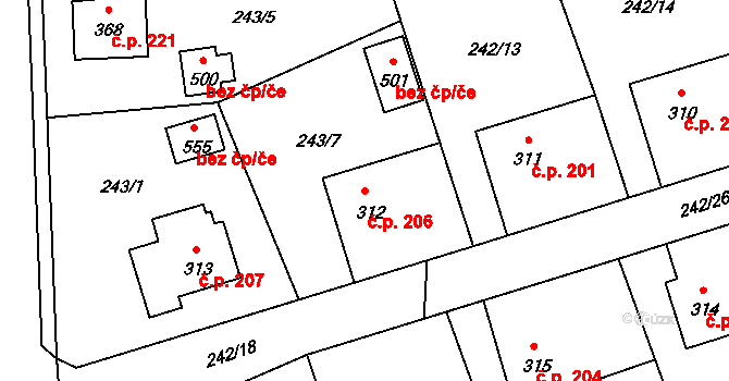 Čechtice 206 na parcele st. 312 v KÚ Čechtice, Katastrální mapa