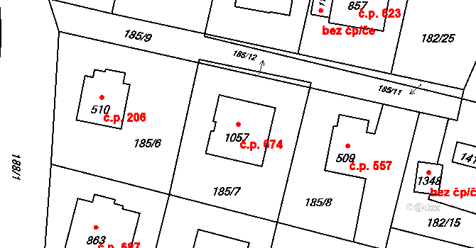 Muglinov 674, Ostrava na parcele st. 1057 v KÚ Muglinov, Katastrální mapa