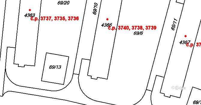 Zlín 3738,3739,3740 na parcele st. 4366 v KÚ Zlín, Katastrální mapa
