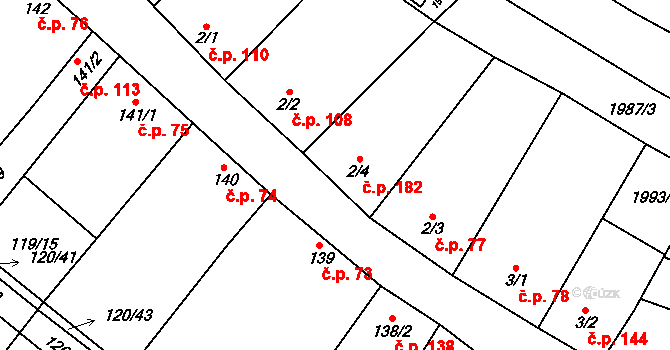Drysice 182 na parcele st. 2/4 v KÚ Drysice, Katastrální mapa