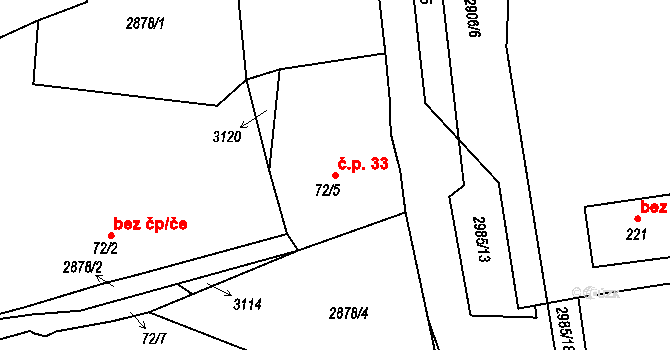 Tlucná 33, Horní Bělá na parcele st. 72/5 v KÚ Horní Bělá, Katastrální mapa