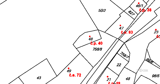 Rabštejn nad Střelou 40, Manětín na parcele st. 48 v KÚ Rabštejn nad Střelou, Katastrální mapa