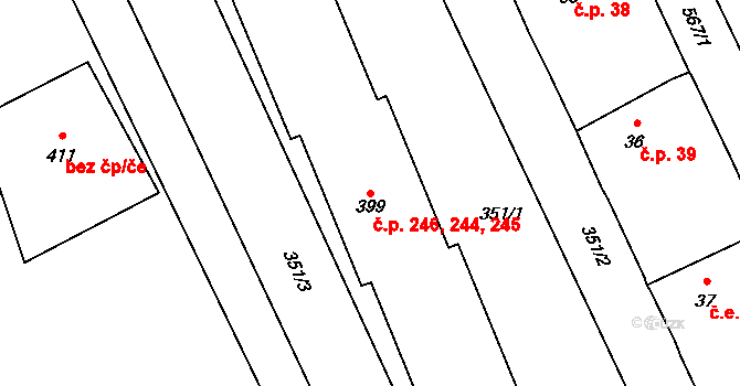 Ruda 244,245,246 na parcele st. 399 v KÚ Ruda u Nového Strašecí, Katastrální mapa
