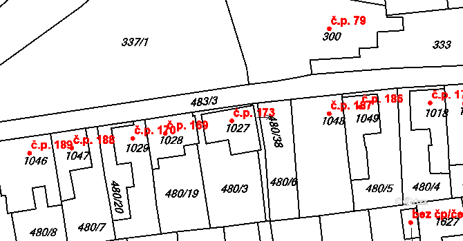 Horní Brána 173, Český Krumlov na parcele st. 1027 v KÚ Český Krumlov, Katastrální mapa