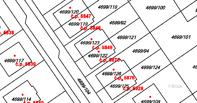 Chomutov 5875 na parcele st. 4699/122 v KÚ Chomutov I, Katastrální mapa