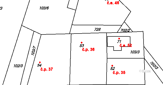 Chotěměřice 36, Hněvkovice na parcele st. 53 v KÚ Chotěměřice, Katastrální mapa