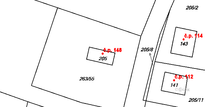 Černouček 148 na parcele st. 205 v KÚ Černouček, Katastrální mapa