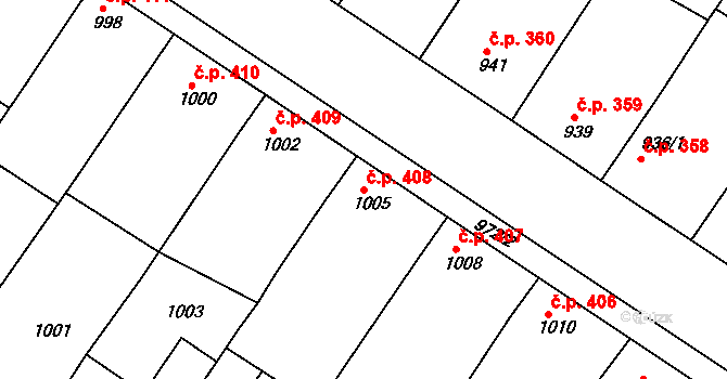 Hrušky 408 na parcele st. 1005 v KÚ Hrušky, Katastrální mapa
