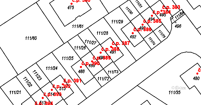 Minice 388, Kralupy nad Vltavou na parcele st. 490 v KÚ Minice u Kralup nad Vltavou, Katastrální mapa