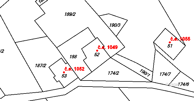 Rejdice 1049, Kořenov na parcele st. 52 v KÚ Rejdice, Katastrální mapa