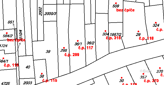 Lipov 117 na parcele st. 36/1 v KÚ Lipov, Katastrální mapa