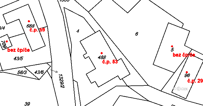 Kaliště 53 na parcele st. 488 v KÚ Kaliště u Ondřejova, Katastrální mapa