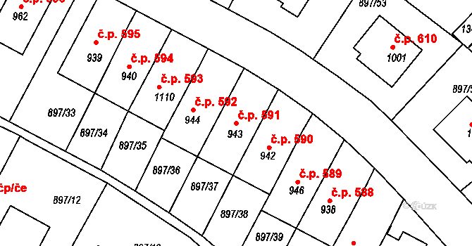 Slavonice 591 na parcele st. 943 v KÚ Slavonice, Katastrální mapa