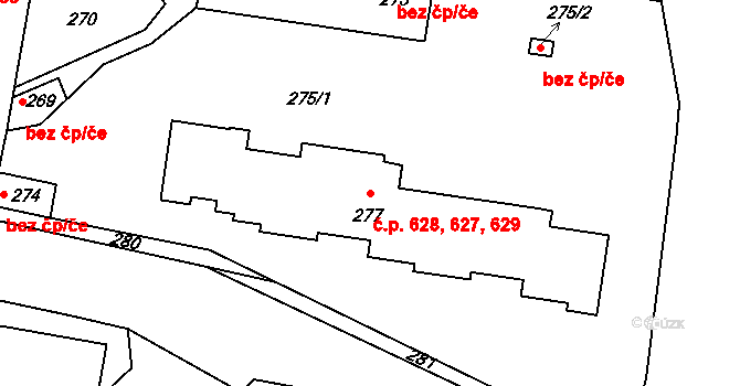 Buštěhrad 627,628,629 na parcele st. 277 v KÚ Buštěhrad, Katastrální mapa