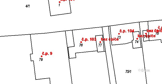 Kvaň 103, Zaječov na parcele st. 76 v KÚ Kvaň, Katastrální mapa