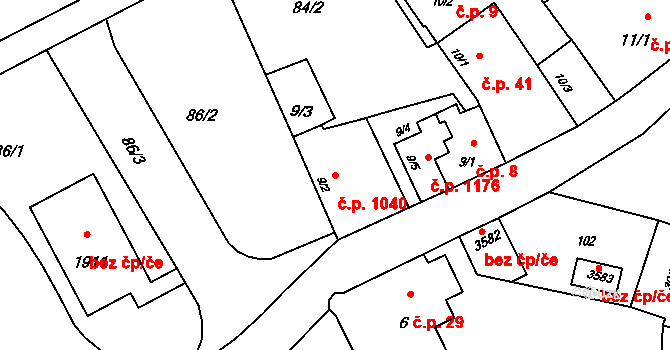Rožnov pod Radhoštěm 1040 na parcele st. 9/2 v KÚ Rožnov pod Radhoštěm, Katastrální mapa