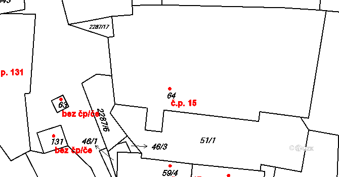 Břežany 15 na parcele st. 64 v KÚ Břežany, Katastrální mapa