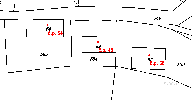 Proruby 46 na parcele st. 53 v KÚ Proruby u Potštejna, Katastrální mapa