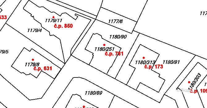 Nebušice 781, Praha na parcele st. 1180/251 v KÚ Nebušice, Katastrální mapa