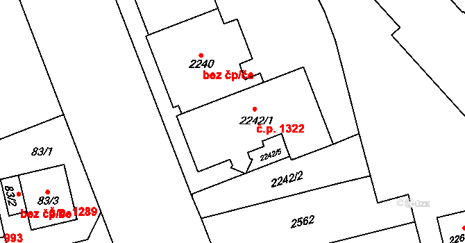 Doubravka 1322, Plzeň na parcele st. 2242/1 v KÚ Doubravka, Katastrální mapa