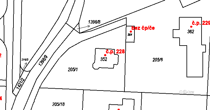Vysoká nad Labem 228 na parcele st. 352 v KÚ Vysoká nad Labem, Katastrální mapa