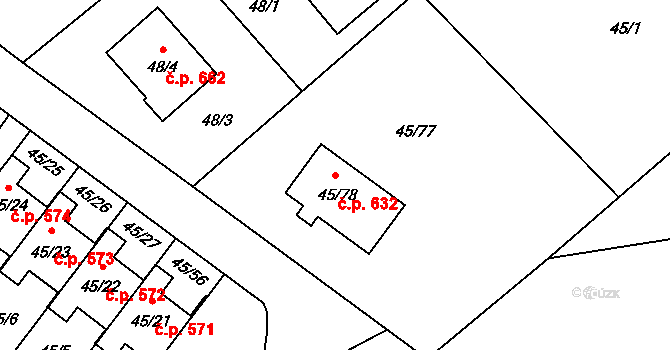 Postřelmov 632 na parcele st. 45/78 v KÚ Postřelmov, Katastrální mapa