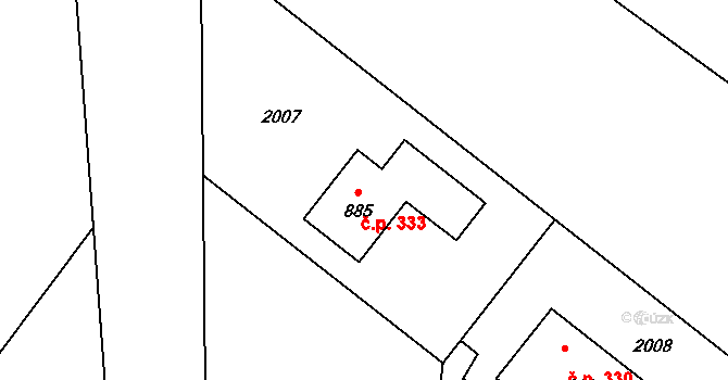 Hrádek 333 na parcele st. 885 v KÚ Hrádek u Znojma, Katastrální mapa