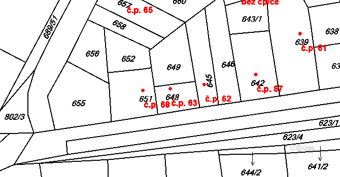 Okořín 63, Strupčice na parcele st. 648 v KÚ Strupčice, Katastrální mapa